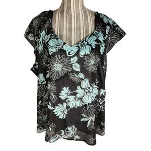 Fashion Bug Black & Aqua Sheer Overlay Cap Sleeve Square Neck Top Plus Size 2X